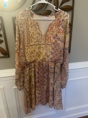 LASCANA Beige Floral & Geometric Long Sleeve Dress